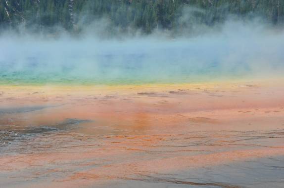 Grand Prismatic Pool escondida por seus próprios vapores, no Yellowstone National Park, em Wyoming, nos Estados Unidos